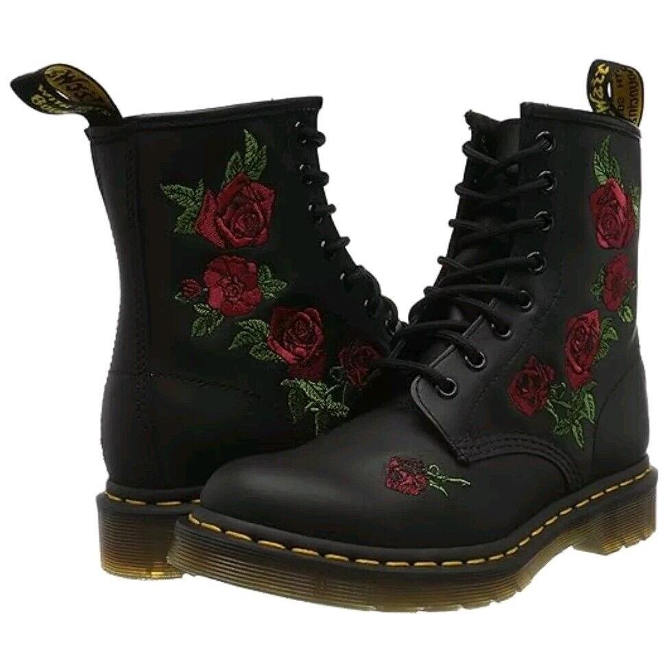 Women`s Shoes Dr. Martens 1460 Vonda Floral Rose Leather Boots 24722001 Black