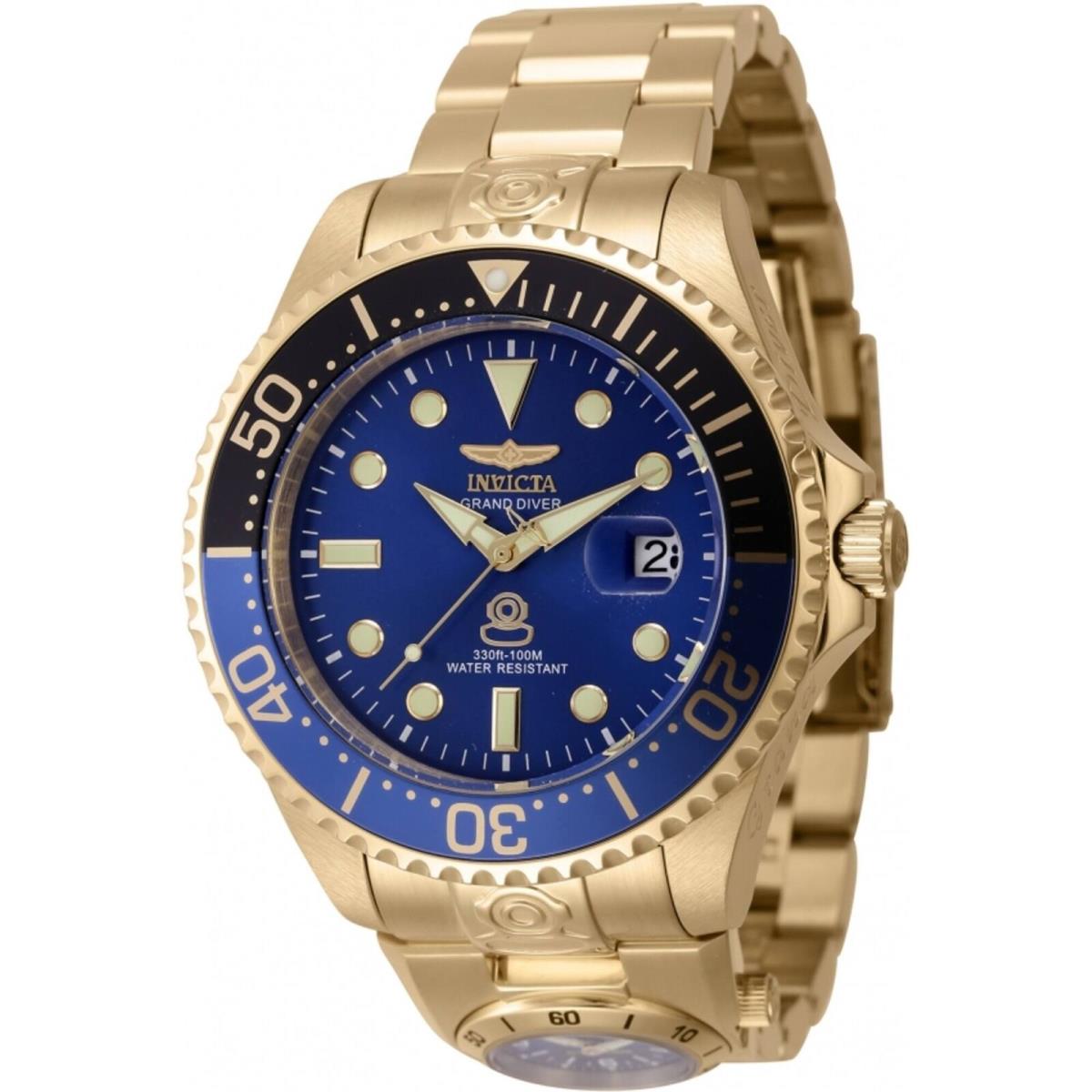 Invicta Men`s Watch Pro Diver Dual Time Blue Dial Yellow Gold Bracelet 45819