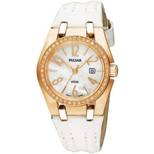 Pulsar PXT668 30 Rose Gold Case White Leather Mineral Women`s Quartz Watch