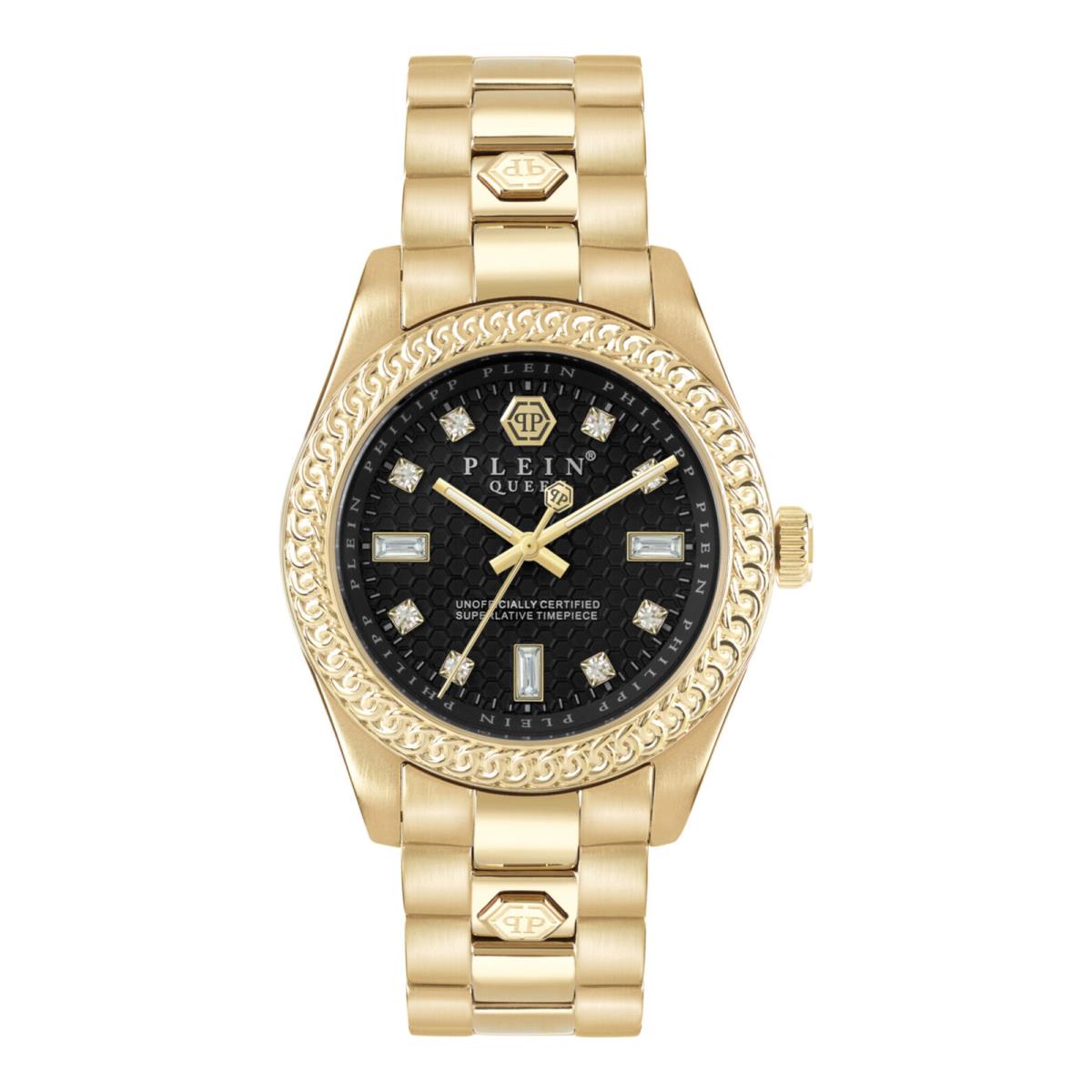 Philipp Plein Womens Queen IP Yellow Gold 36mm Bracelet Fashion Watch - Dial: Black, Band: Gold