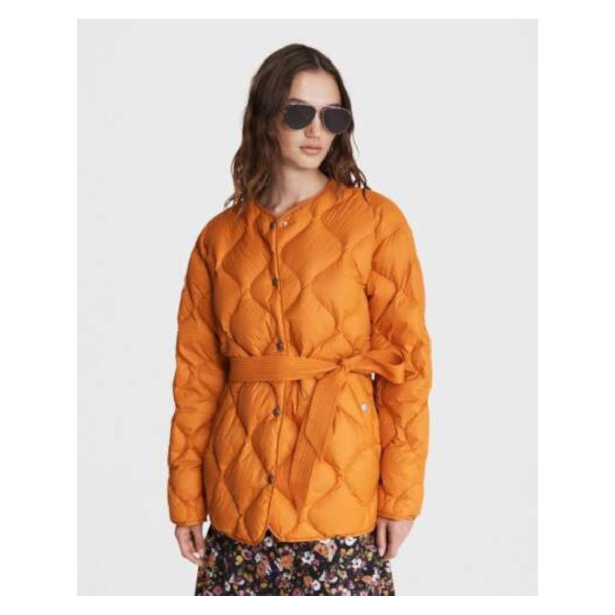 Rag Bone Womens Orange Belted Button Down Quilted Winter Jacket Coat XS