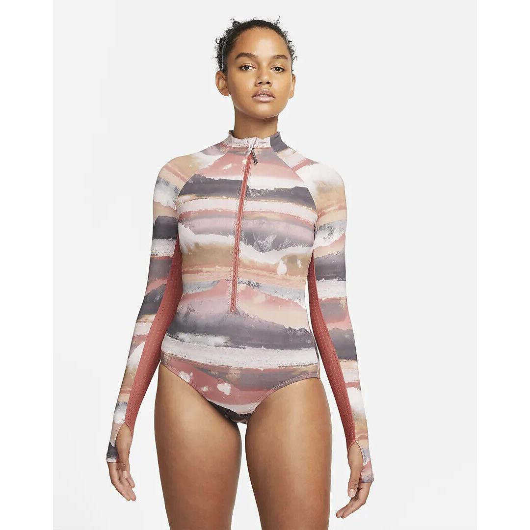 Nike Adventure Women`s Long Sleeve One Piece Swimsuit Bodysuit L Multicolor Rust