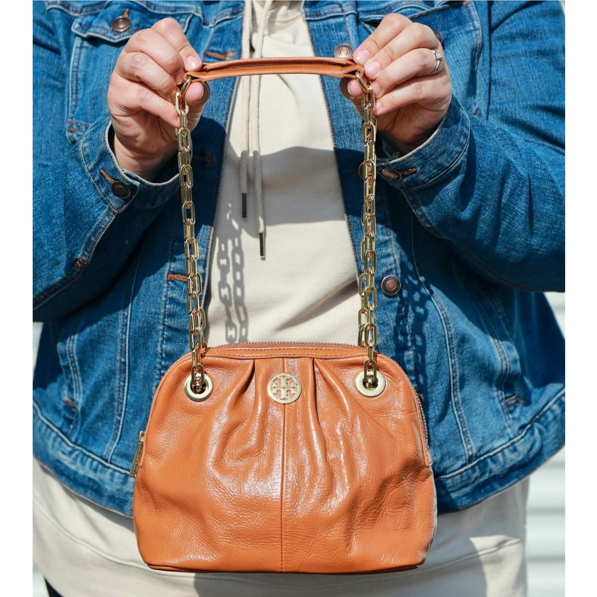 Tory Burch Crinkle Leather 2 Way Crossbody Bag w Chain in Royal Tan
