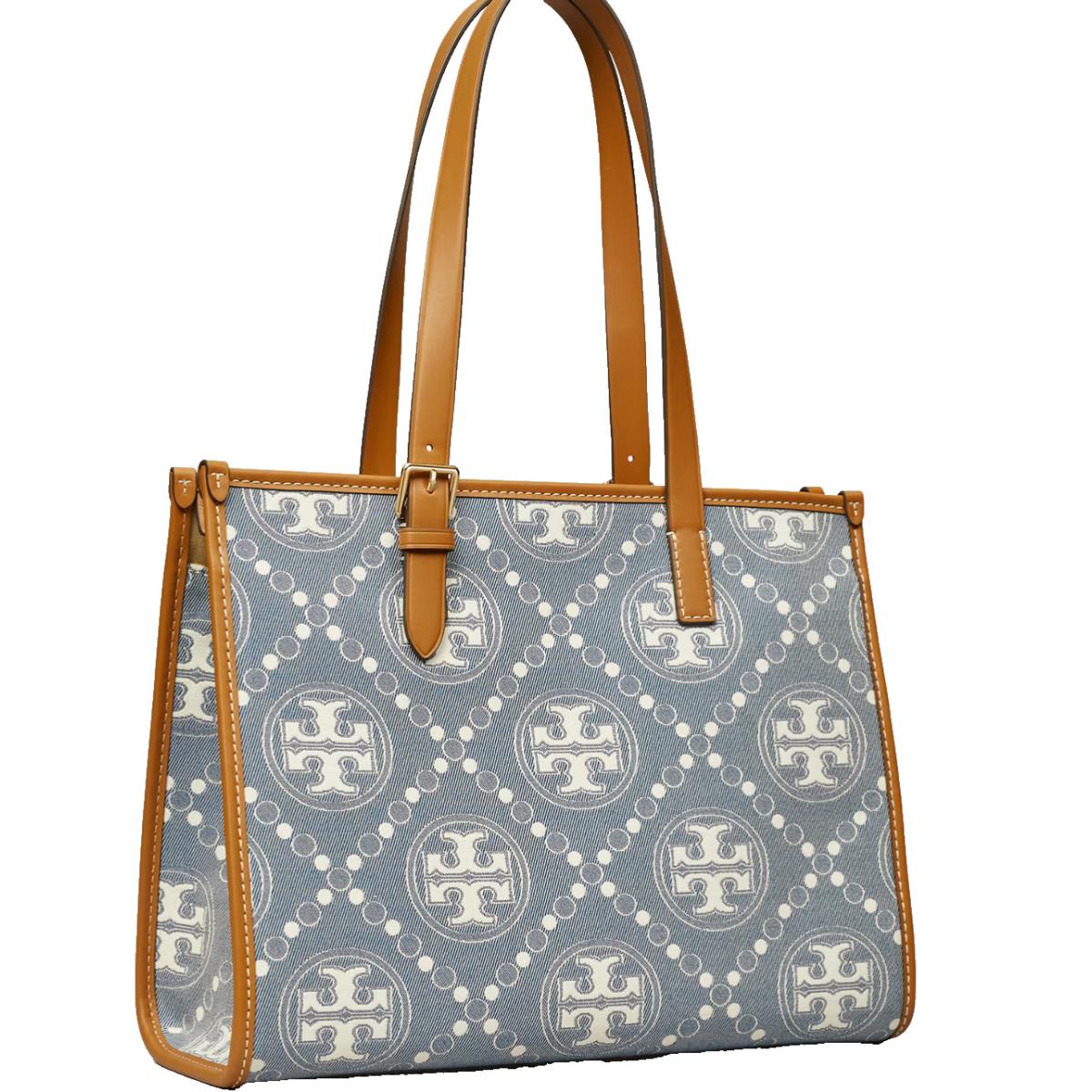 Tory Burch T Monogram Logo Denim Small Tote Shopper In Multi / Gold