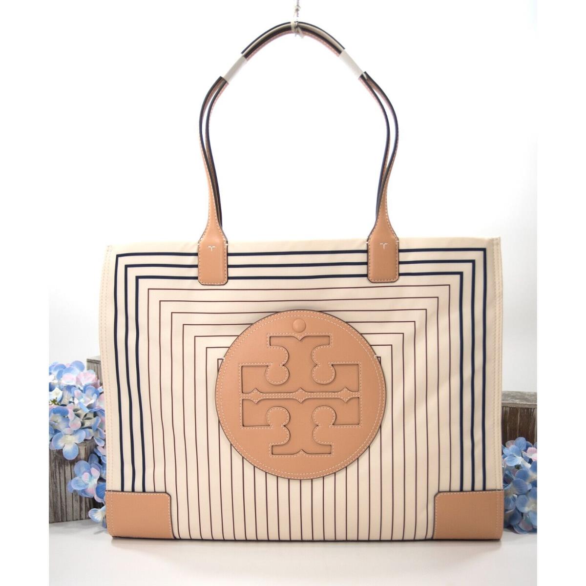 Tory Burch Ella Box Stripe Print Nylon Natural Leather Large Tote Bag