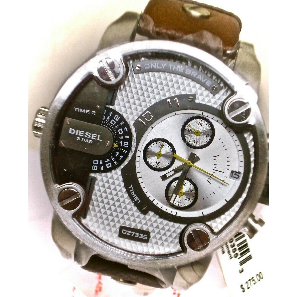 Men`s Diesel DZ7335 Chronograph Watch Silver Dial Brown Leather Band NO Box