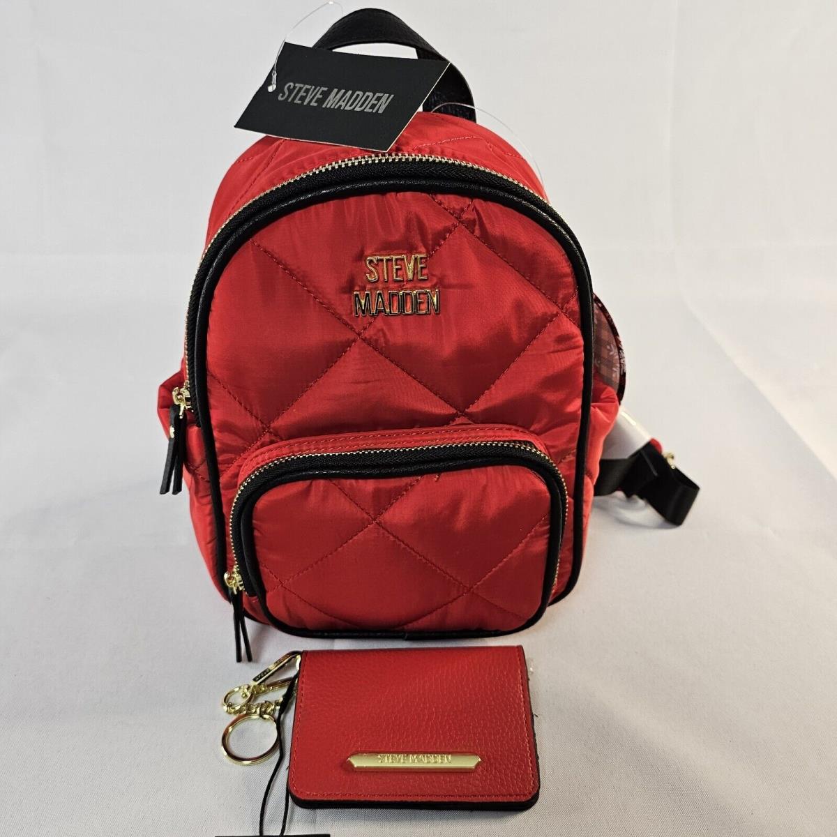 Steve Madden Red Quilted Nylon Small Backpack and Matching Wallet