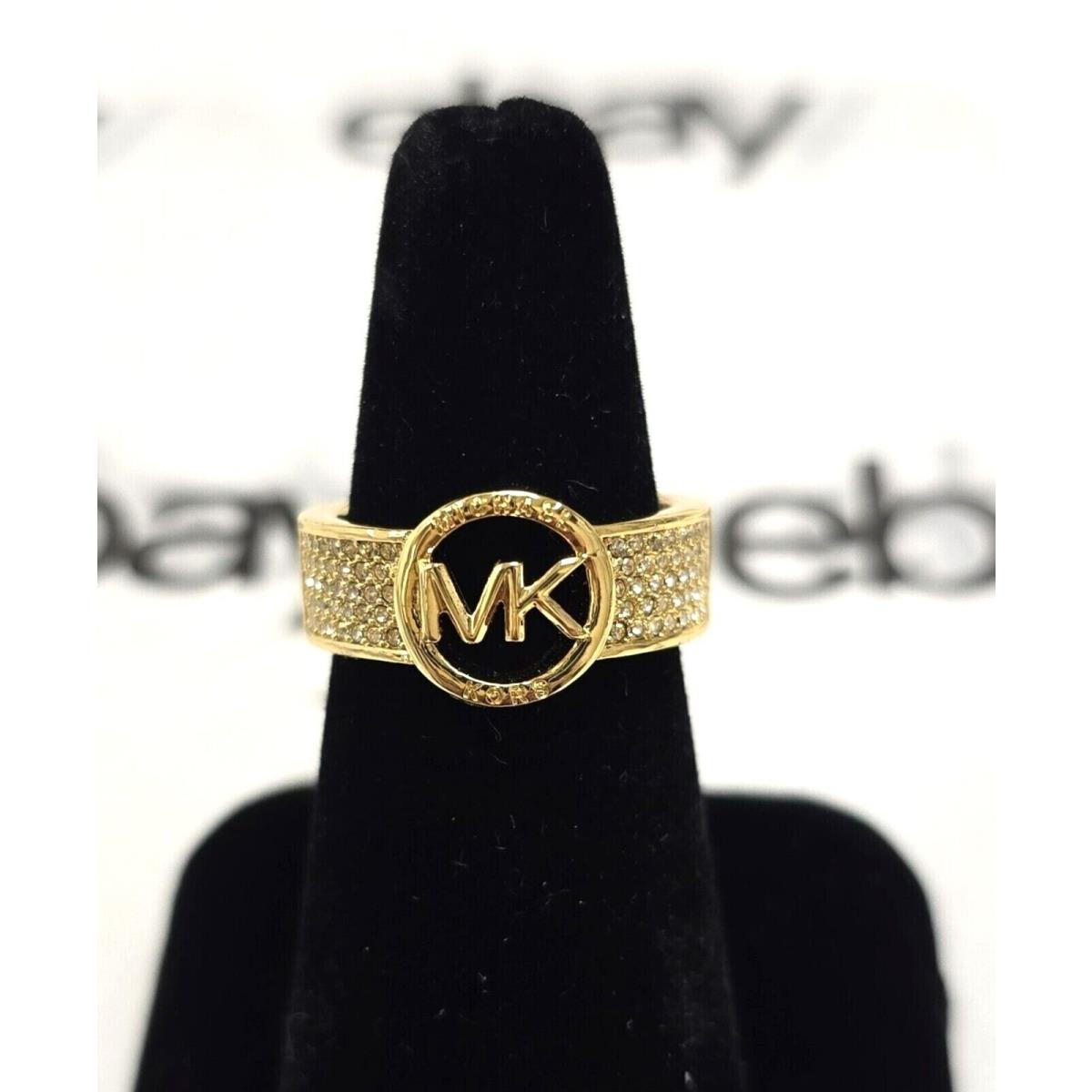 Michael Kors Gold Tone Logo Monogram Crystals Brass Ring Band - MKJX8010