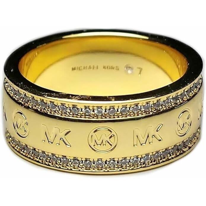 Michael Kors Gold Tone Monogram Crystals Logo Brass Ring Band - MKJX0034