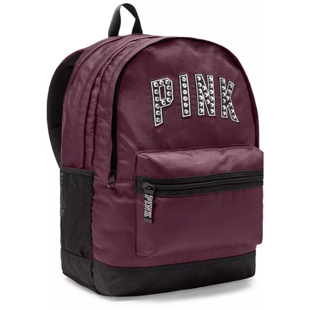 Victoria`s Secret Pink Bling Campus Backpack Black Orchid Burgundy Logo Zip