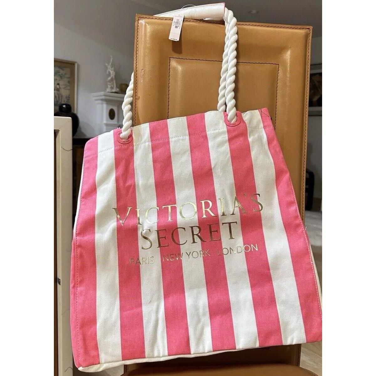 Victoria`s Secret Reversible Pink Stripes Travel Beach Bag W/rope Handles