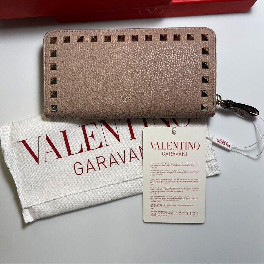 Valentino Pebble Leather Zip Around Rockstud Leather Continental Wallet