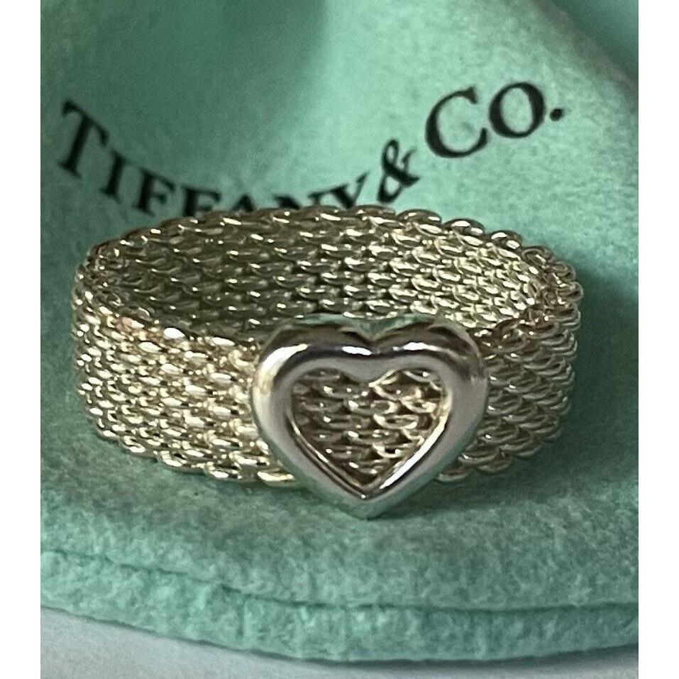 Tiffany Co Silver Heart Mesh Somerset Ring Band Size 6