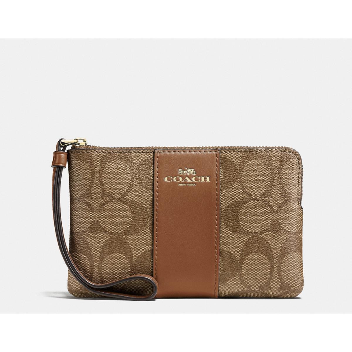 Coach Corner Zip Wristlet In Signature Canvas Gold/Khaki Saddle 2