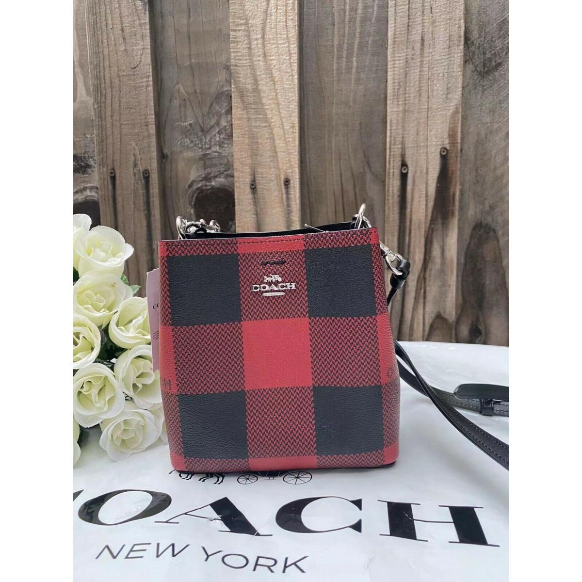 Coach Mini Town Bucket In Signature Canvas with Rainbown /rose/ Plaid Print c7267 Silver/Black/1941 Red Multi