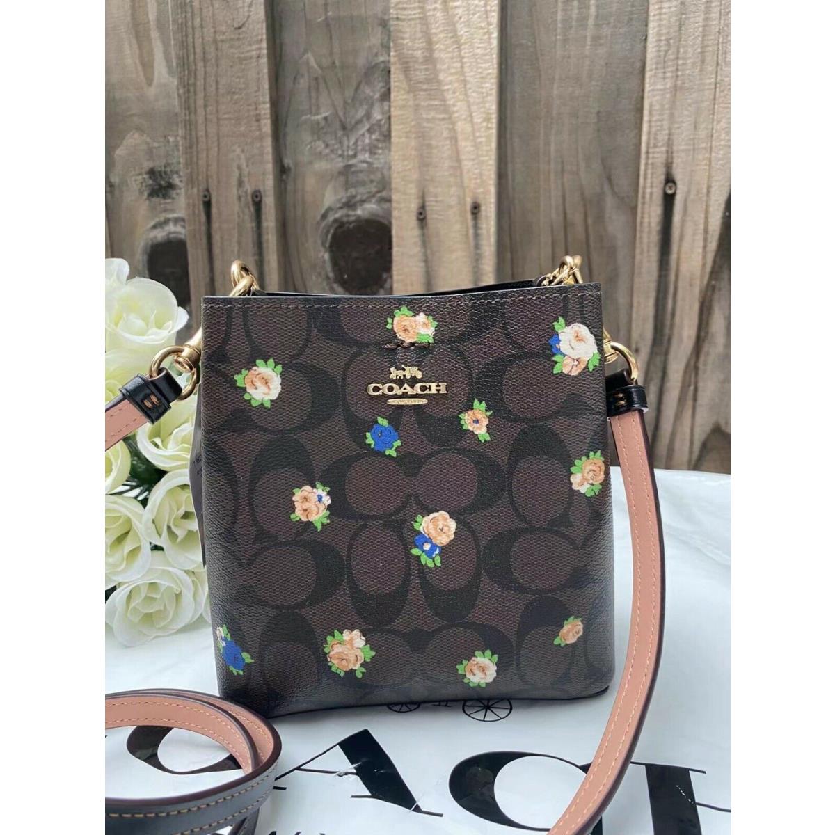 Coach Mini Town Bucket In Signature Canvas with Rainbown /rose/ Plaid Print c7270 Gold/Brown Black Multi