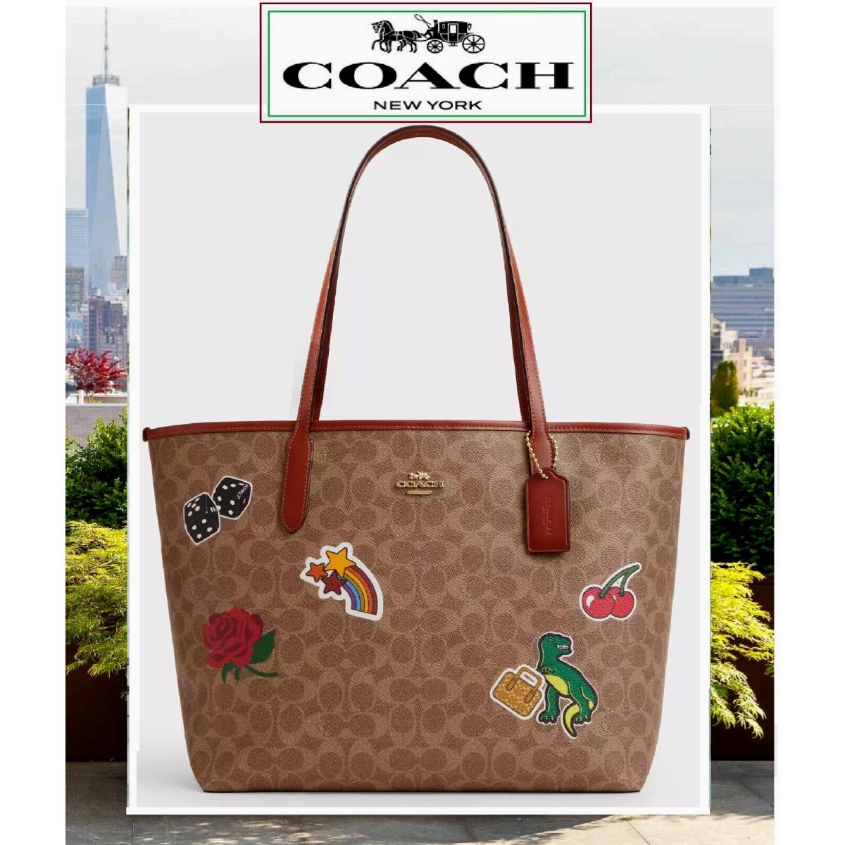 Coach City Tote Shoulder Bag CZ611 In Tan Sig Canvas W/multi Sticker Print