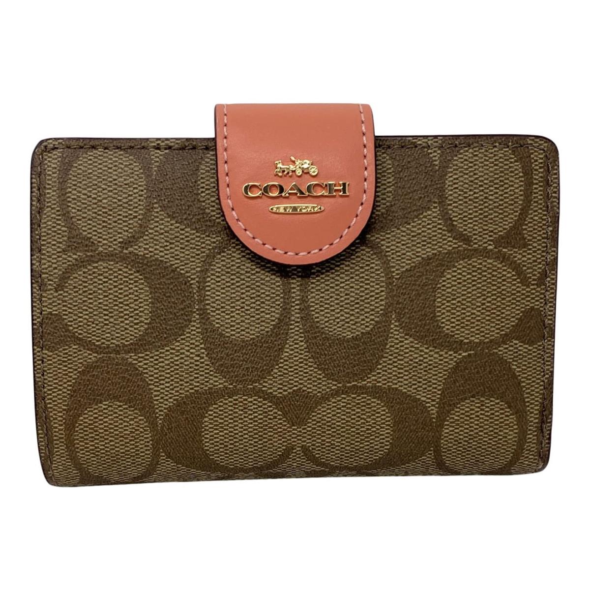 Coach Signature Medium Corner Zip Wallet Style No. C0082 Khaki Light Coral