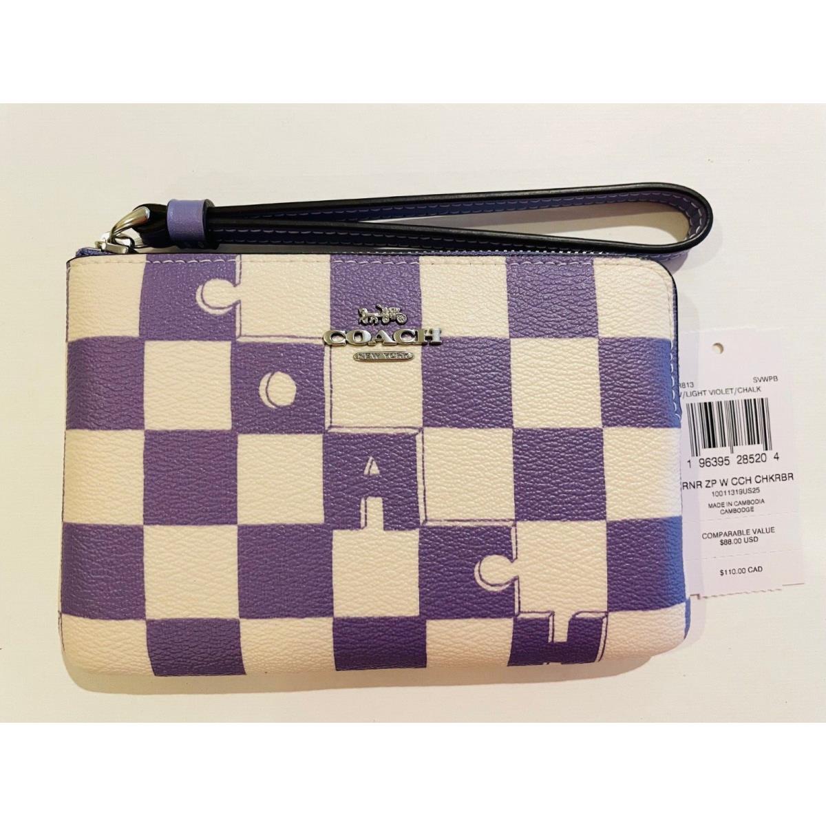 Coach Corner Zip Wristlet with Checkerboard Print Violet