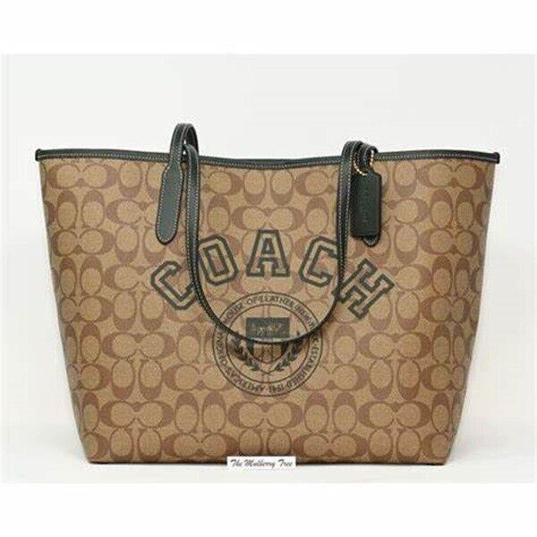 Coach City Tote In Signature Canvas with Varsity Motif CB869 Khaki / Green