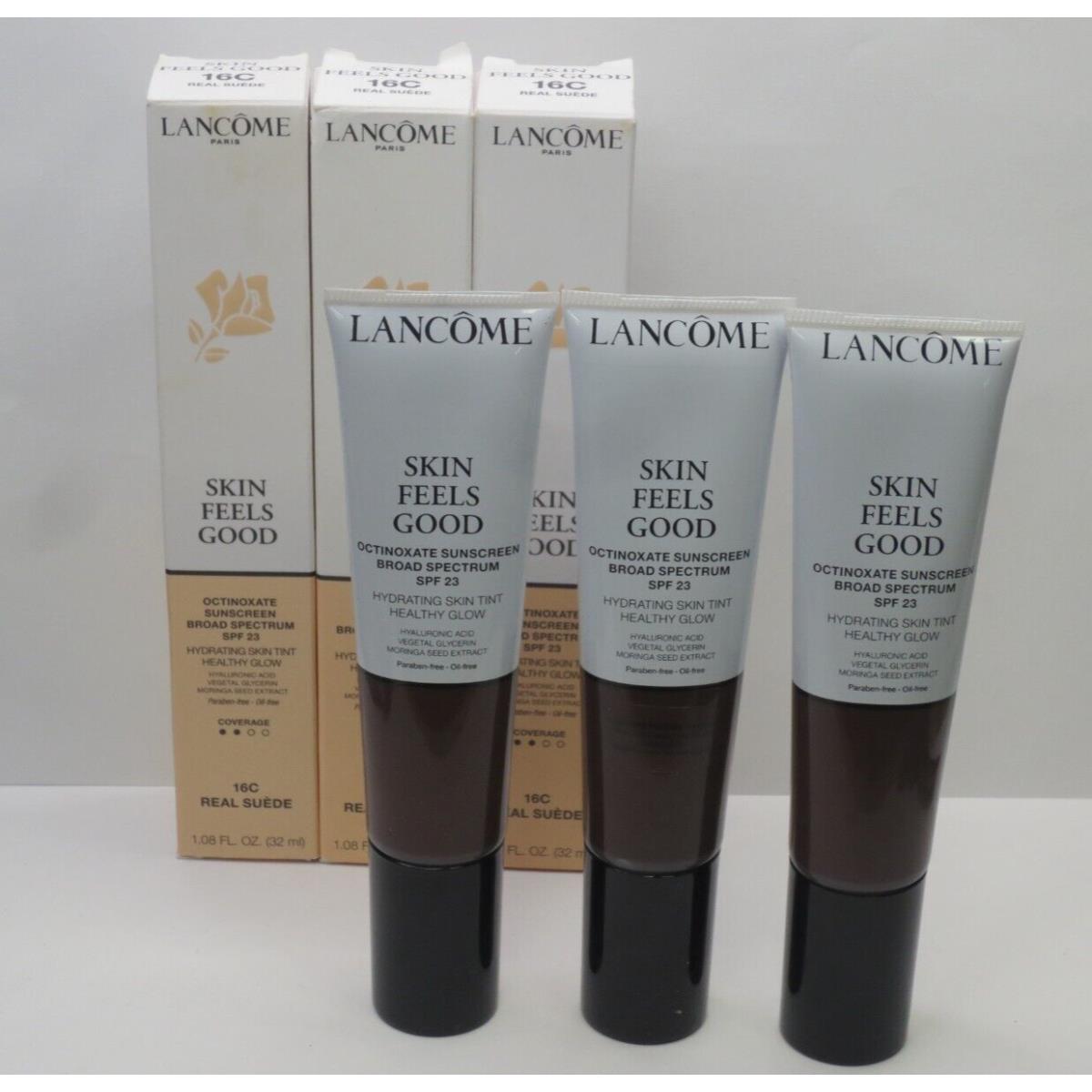 Lancome Skin Feels Good Hydrating Skin Tint 16C Real Suede 1.08 OZ Details 3PC