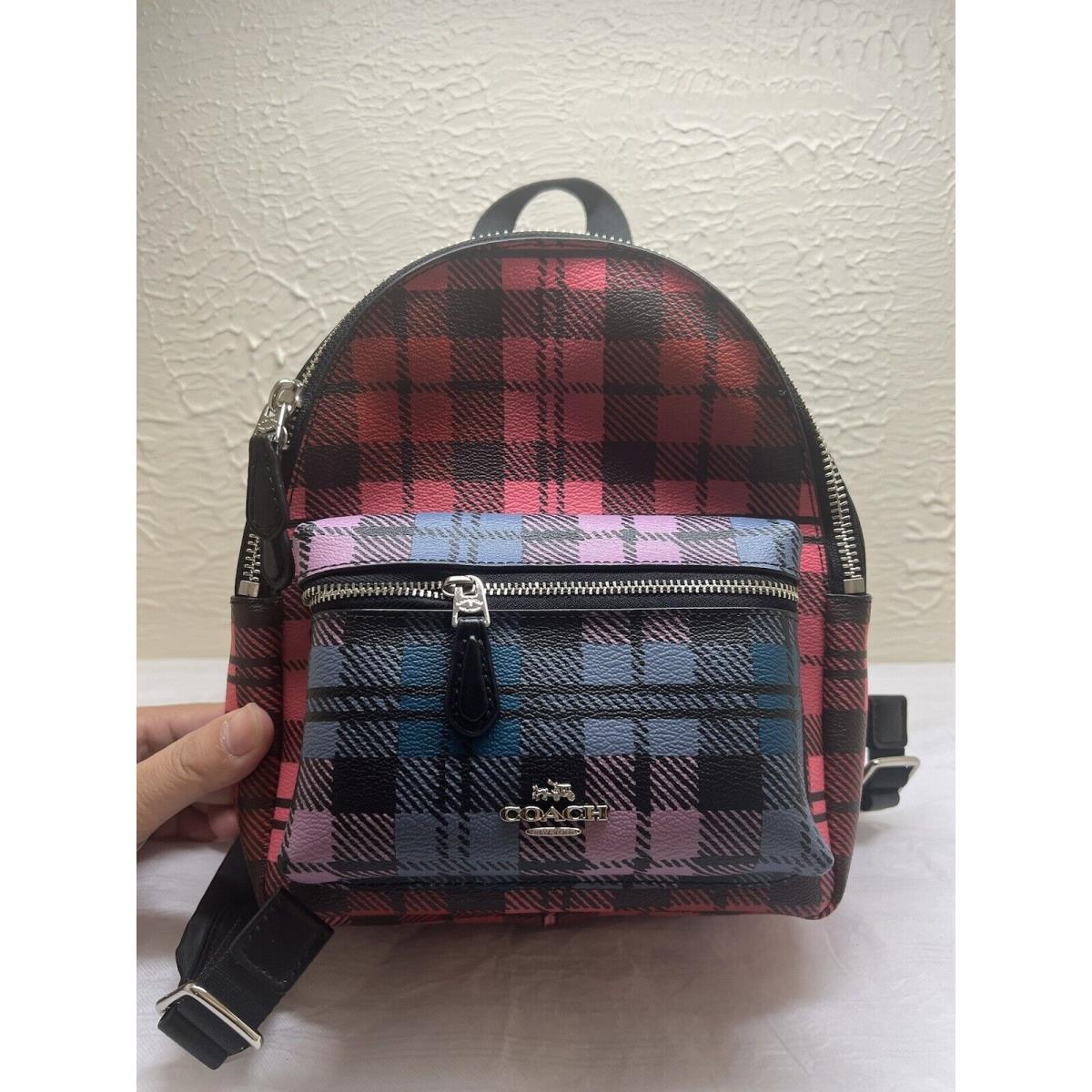 Coach F22351 Mini Blue Red Plaid Charlie Backpack