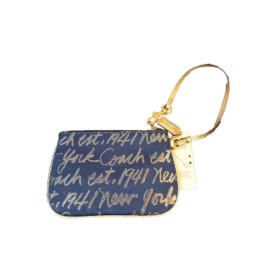 Coach Wristlet Women York Script Navy with Gold Heart Gold Leather Trim