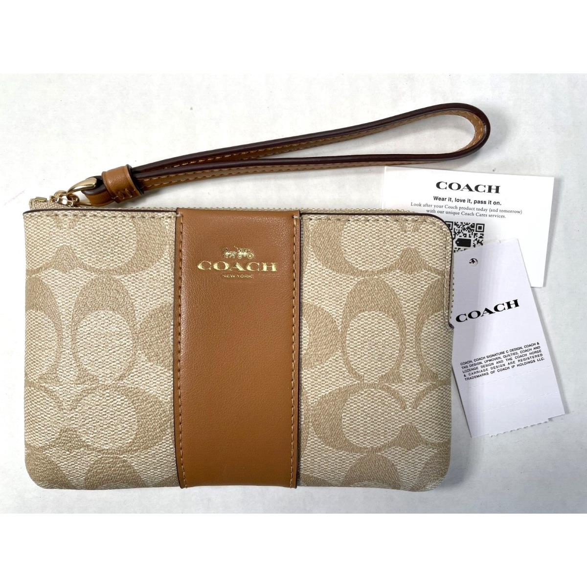 Coach CS602 Signature Corner Zip Wristlet with Stripe/lt Khaki Lt Saddle/nwt