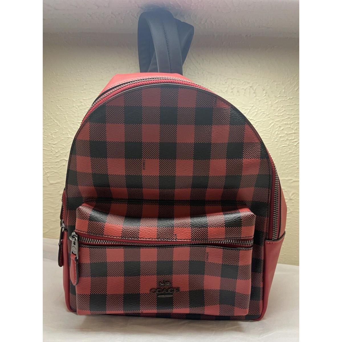 Coach F38949 Medium Charlie Backpack with Gingham Print Black Red