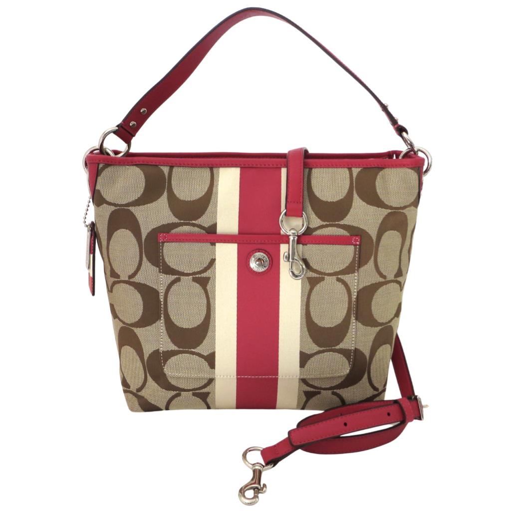 Coach Signatur Hamptons Weekend Khaki Pink Signature Stripe Tote Purse 10055