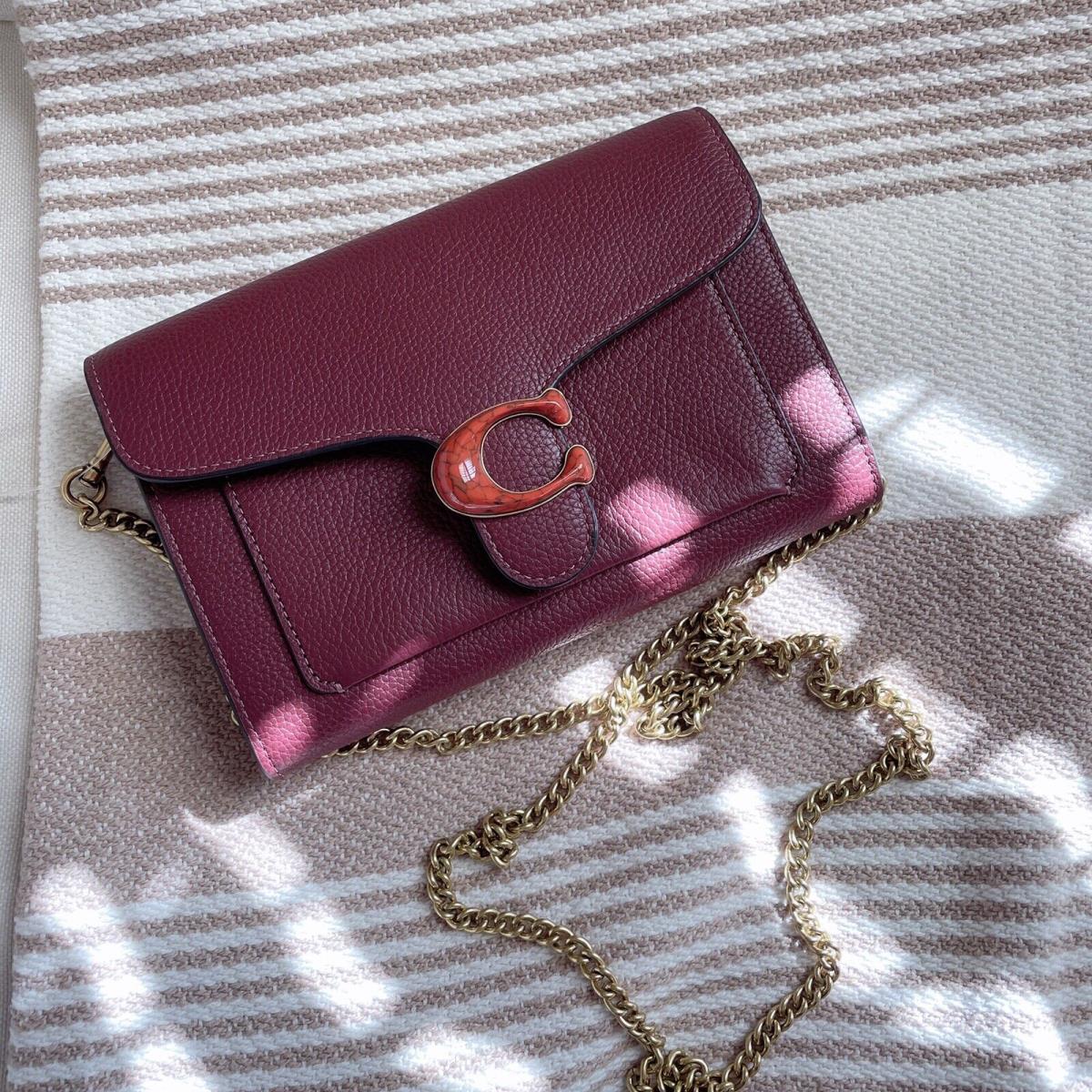 Coach Tabby Chain Clutch Wine Pebble Leather Crossbody Shoulder Bag 4792