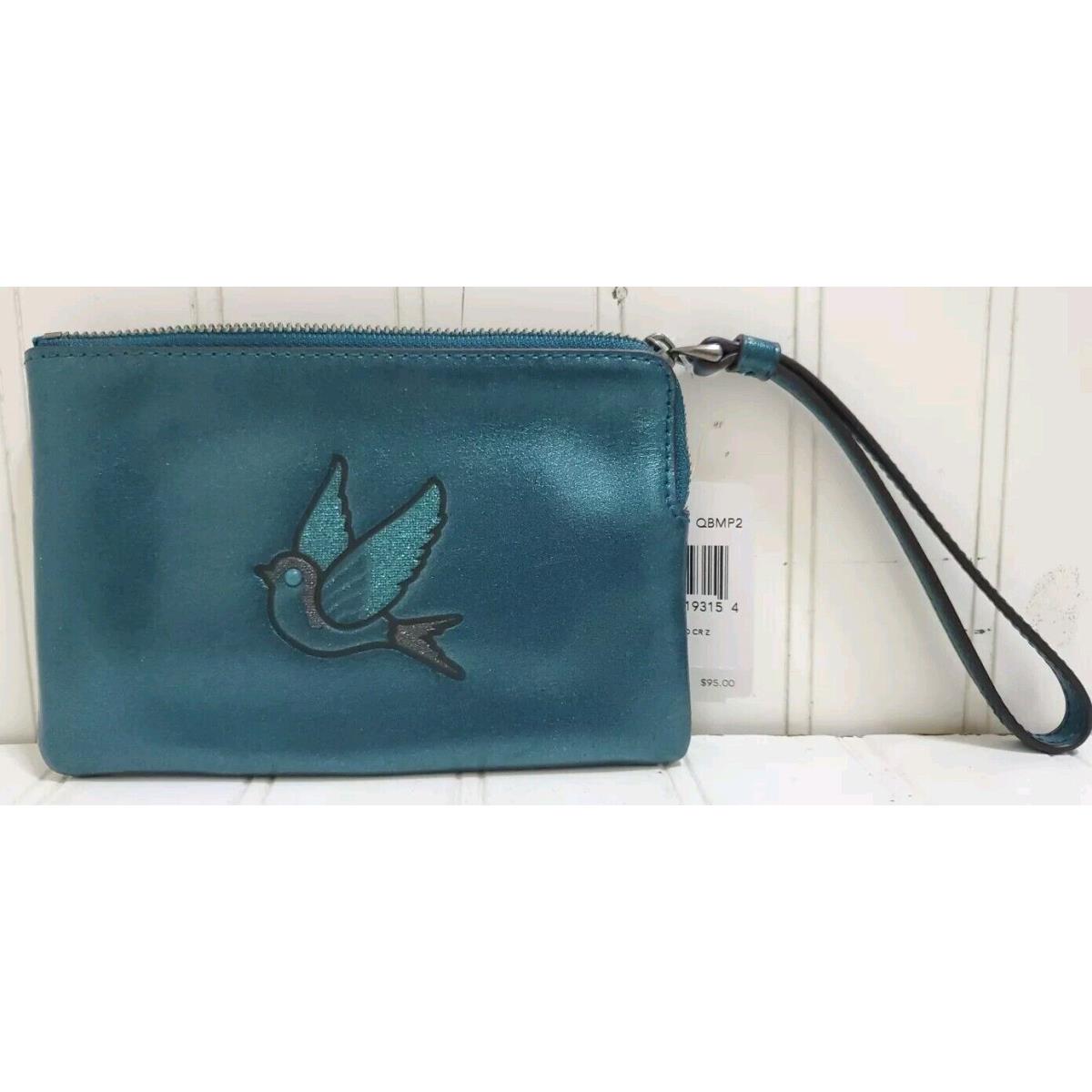 Coach Corner Zip Wristlet w/ Bird F22711 Metallic Dark Teal Htf