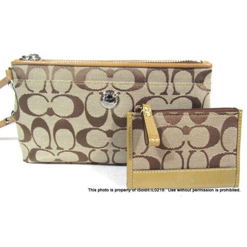 2-PC Coach Brown Khaki Signature Clutch Wristlet F42537 Wallet