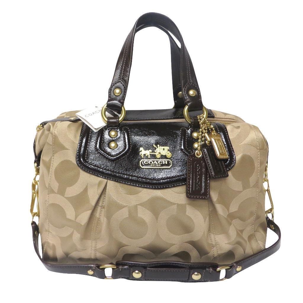 Coach Madison Audry Tote Khaki Signature Patent Leather Purse Shoulder Bag