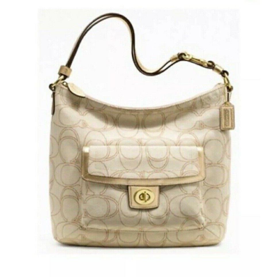 Coach Signature Penelope Linen Leather Crossbody Shoulder Bag F19189 Beige Gold