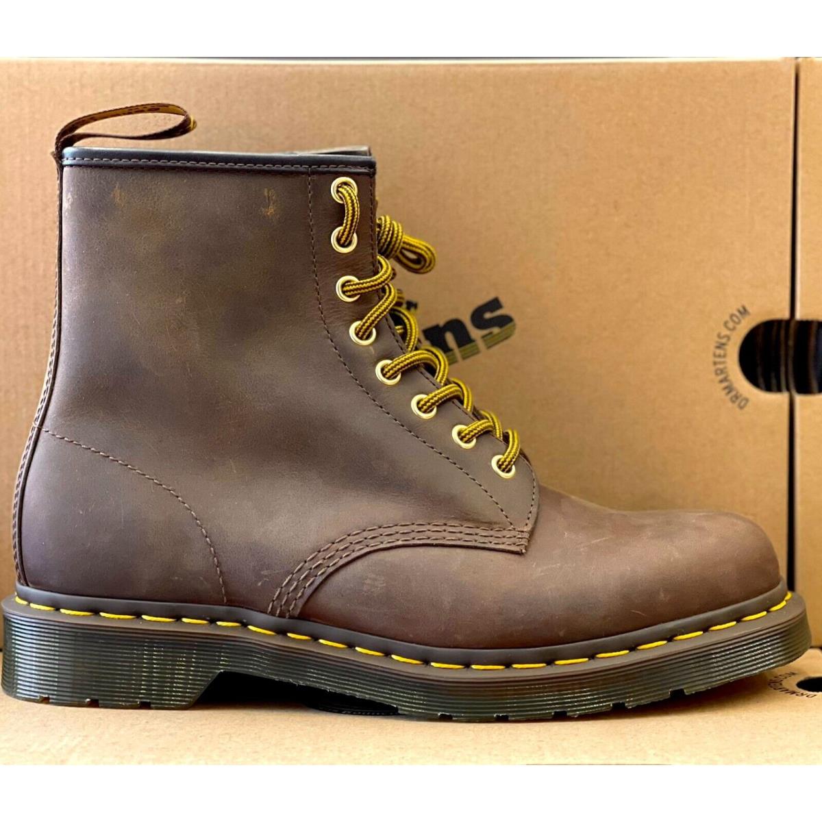 Dr Martens - Men`s 1460 Crazy Horse Brown Leather Boots Yellow Lace