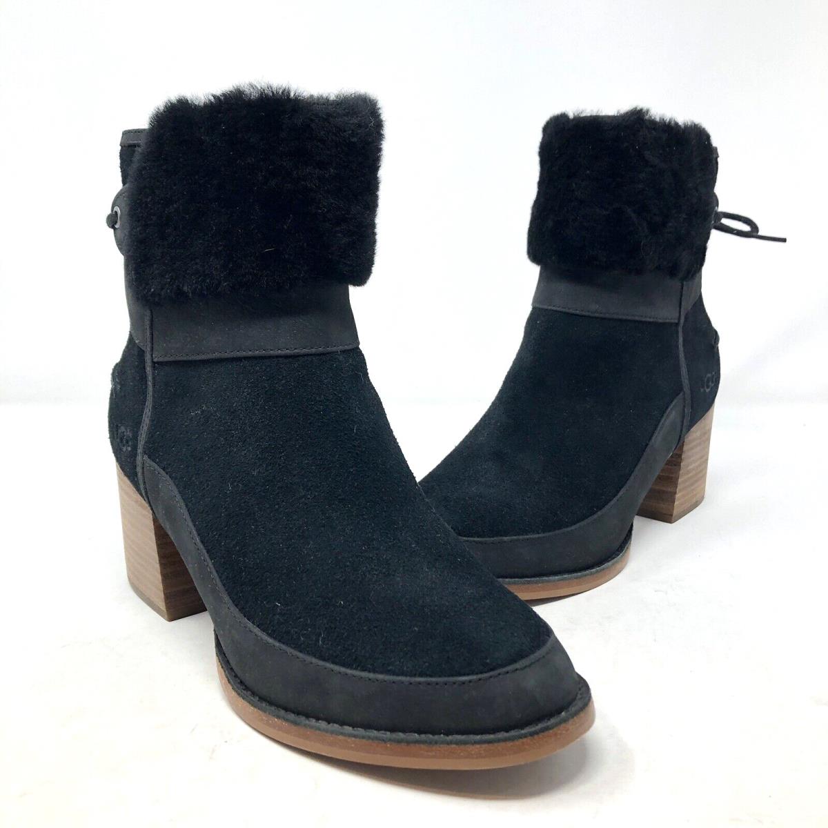 Ugg Boots Womens 8 Black Suede Kirke Ankle Bootie Block Heel Shearling Leather