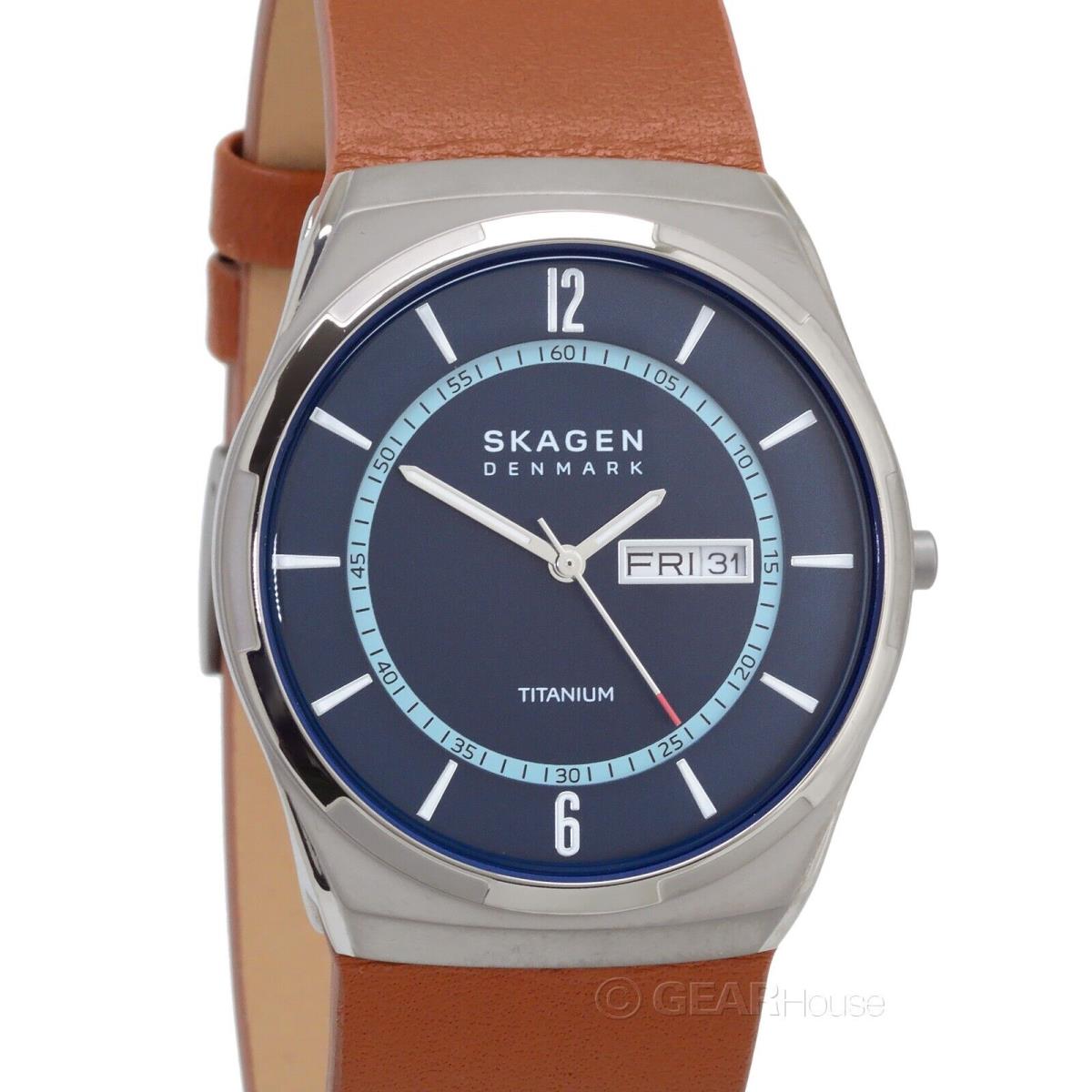 Skagen Melbye Mens Titanium Watch Blue Dial w/ Day Date Brown Leather Band