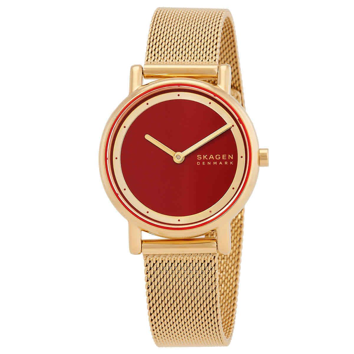 Skagen Signatur Lille Red Dial Ladies Watch SKW3117 - Dial: Red, Band: Yellow Gold-tone, Bezel: Yellow Gold-tone