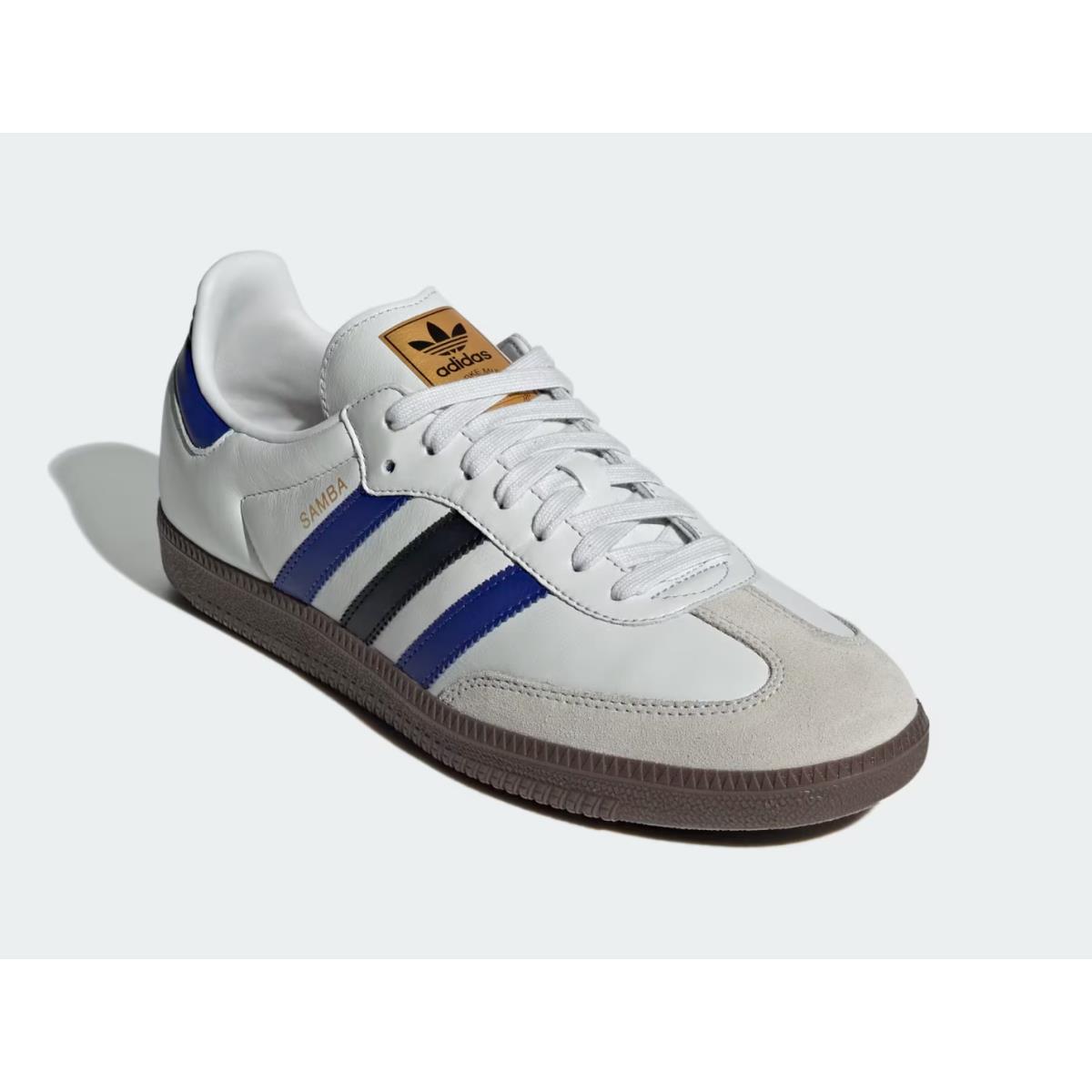 Mens Adidas Samba OG Crystal White Active Blue Matte Gold Leather Shoes