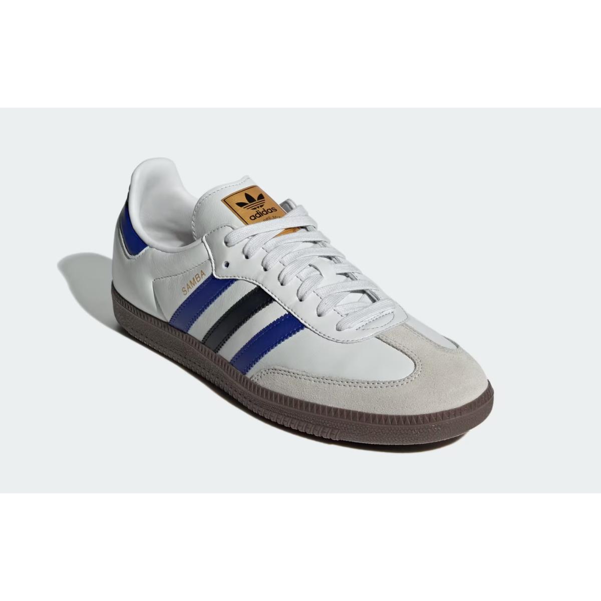 Mens Adidas Samba OG Crystal White Active Blue Matte Gold Leather Shoes