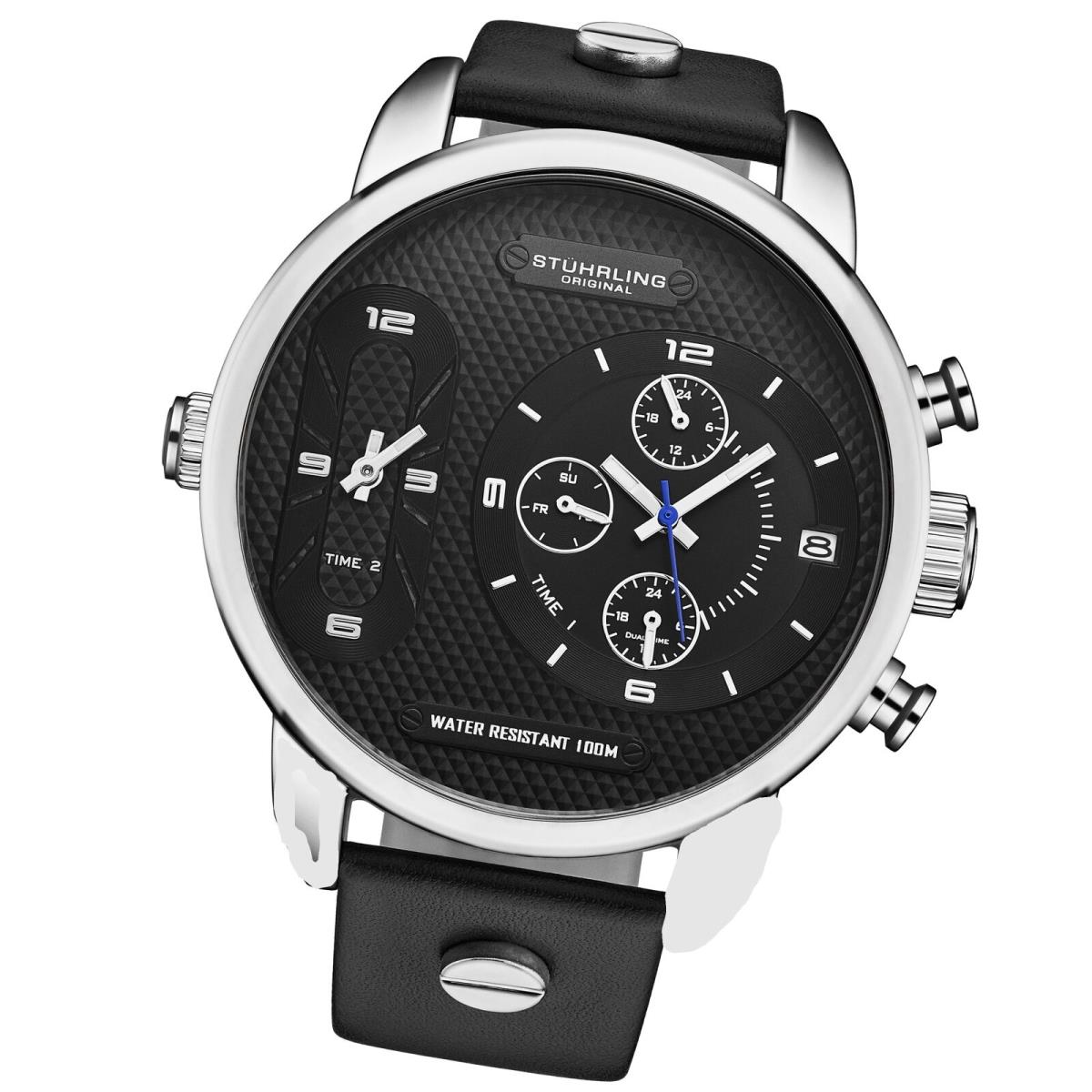 Stuhrling 4052 1 Monaco Triple Date Day Date Black Leather Mens Watch