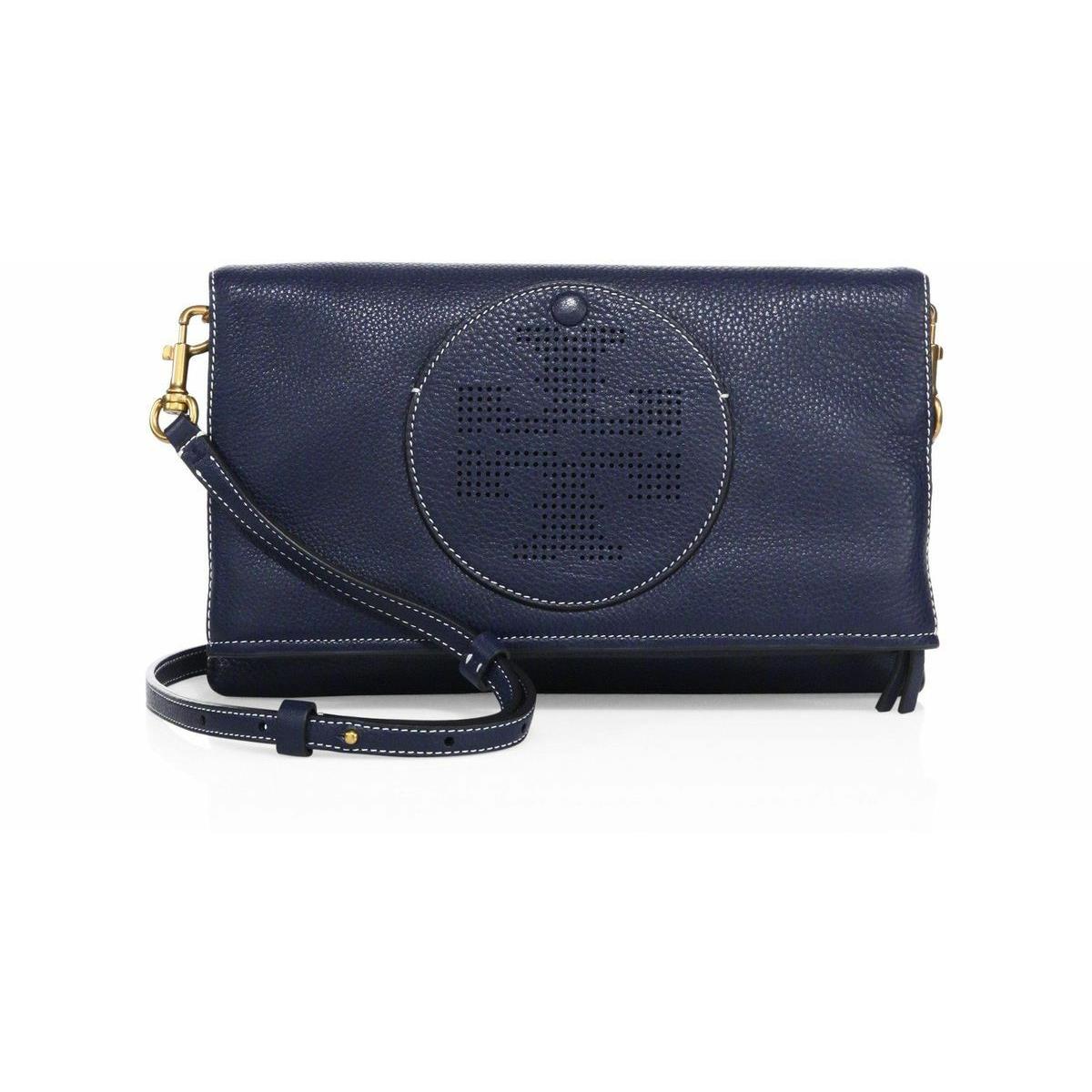 Tory Burch Women Perforated Logo Fold-over Leather Crossbody Bag Royal Navy