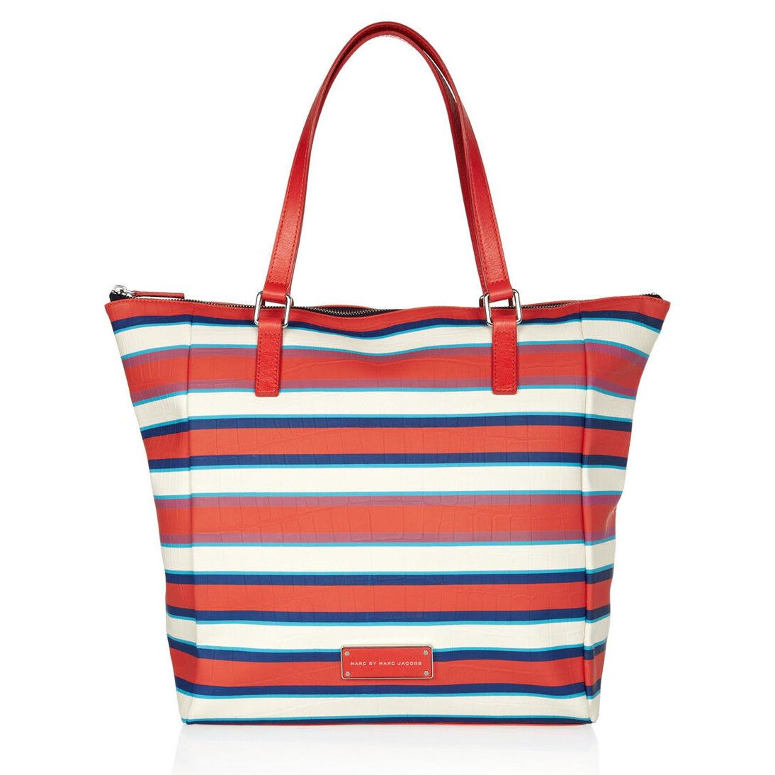 Marc BY Marc Jacobs Take Me Jacobson Coral Red Striped Pvc/leather Tote Bag