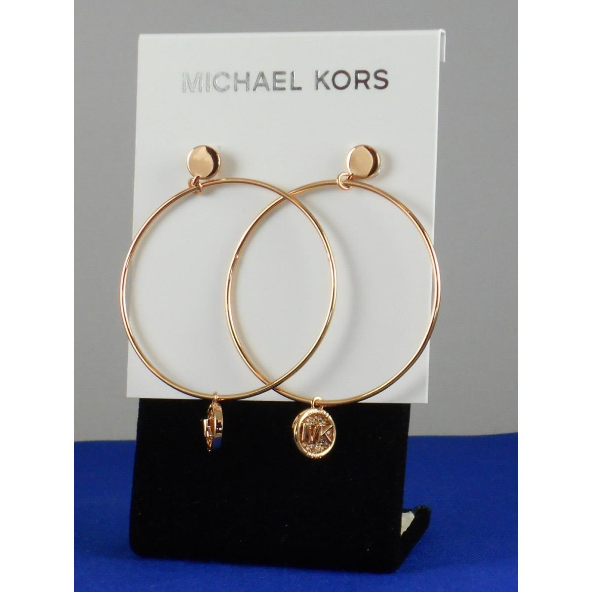 Michael Kors Rose Gold Large Hoop MK Round Logo Drop Earrings MKJ8035 791