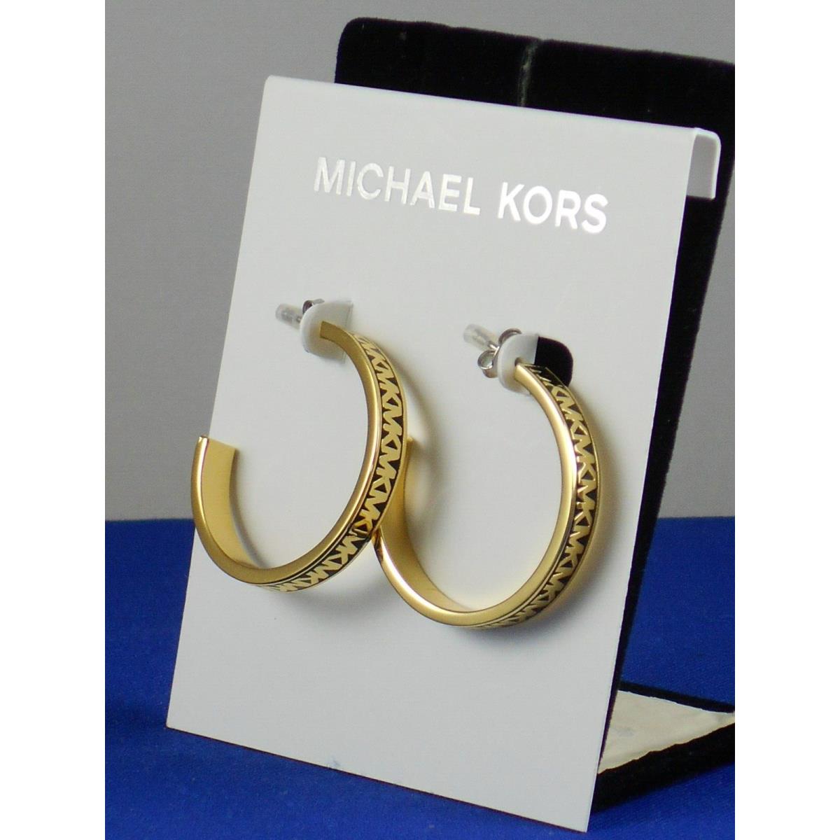 Michael Kors Goldtone Black Enamel MK Signature Medium Hoop Earrings