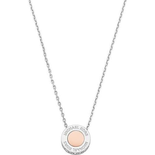 Michael Kors 2 Tone Rose Gold Silver Tone Disc Chain Logo Pendant Necklace