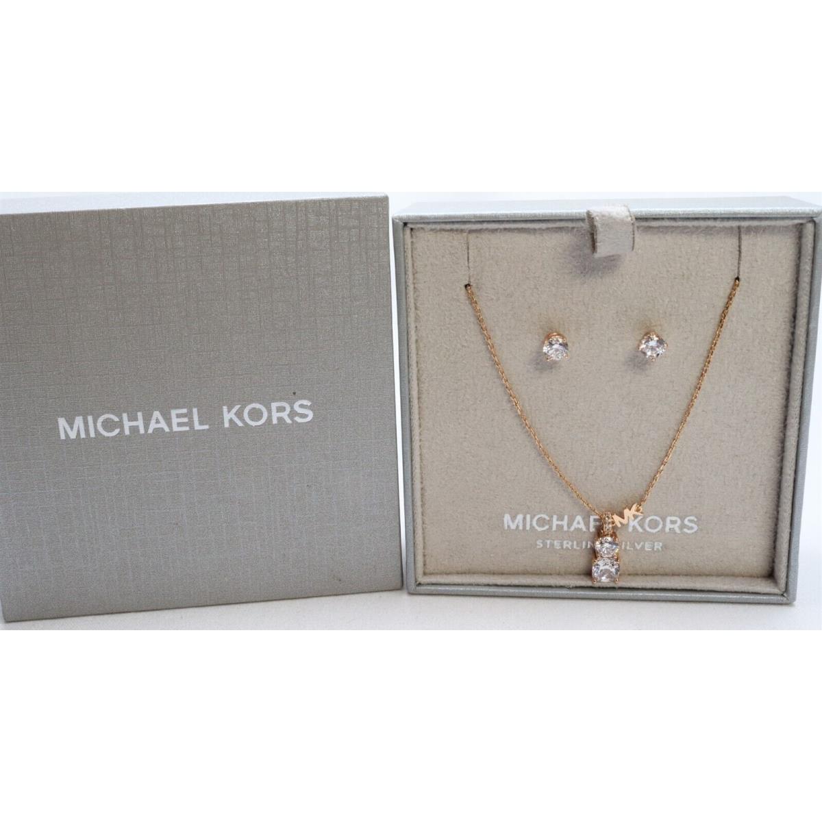 Michael Kors Rose Gold Over 925 Sterling Cubic Zirconia Earrings Necklace