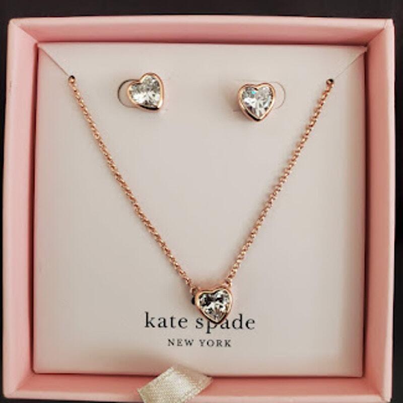 Kate Spade Romantic Rocks Rose Gold Heart Shaped Necklace and Earrings Set