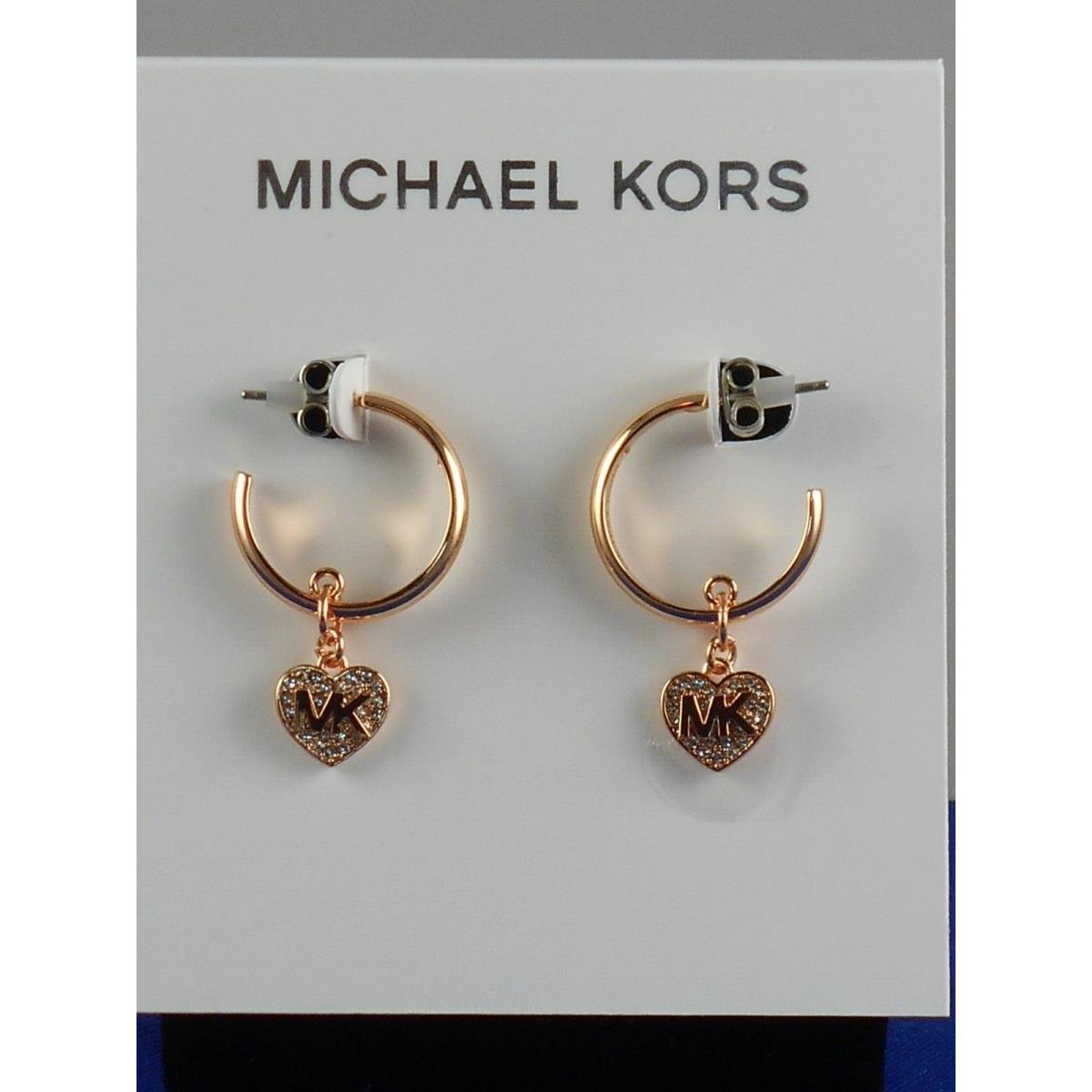 Michael Kors Rose Gold Pave Heart Charm Drop Small Hoop Earrings MKJ8193 791